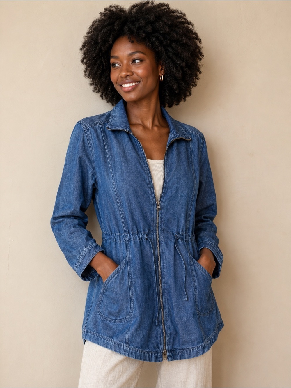 J. Jill Denim Tencel Lyocell Zip Front Jacket Large Blue Lightweight Utility